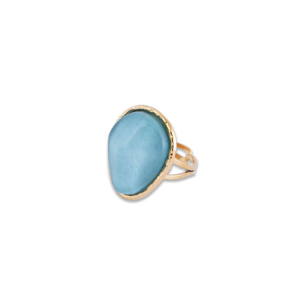 Pretty Bay Ring ring with a blue stone on a white background