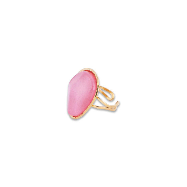 Pretty Bay ring with a pink stone on a white background
