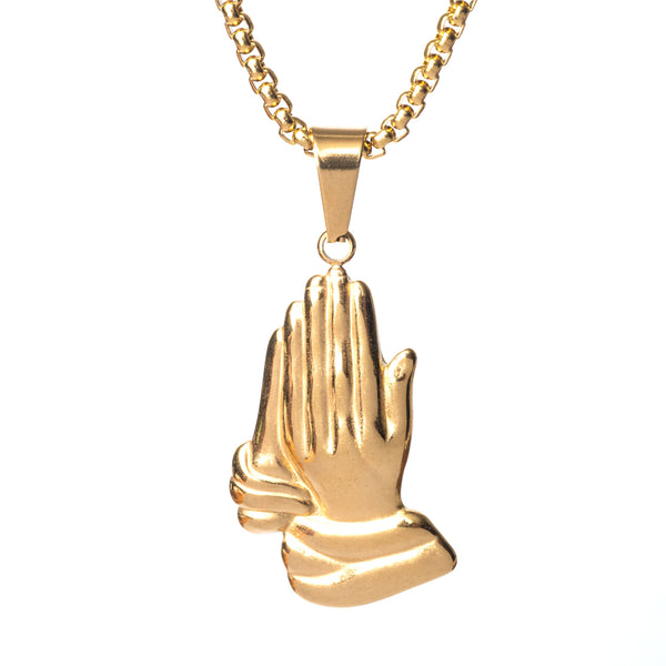 A gold-plated stainless steel  Religious Necklace with a pendant in the shape of a hand and a matching gold chain.