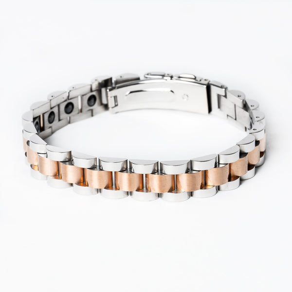 A stainless steel Rolex Style  bracelet with rose gold and silver color elements, featuring a mix of metallic links and a rose gold-colored band.