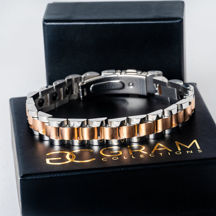 Rolex Style Bracelet Rose Mix placed on its box in center of the image. 