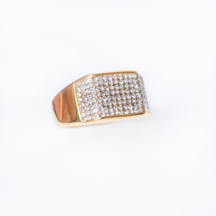 Rolex styled ring with diamond accents on a white background