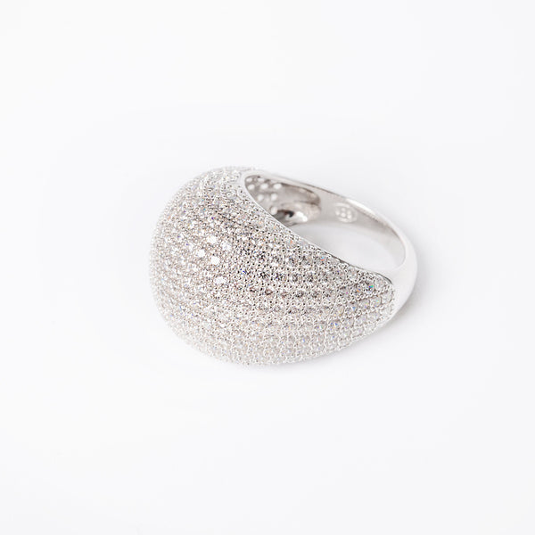 A sterling silver Rue ring with a geometric design, featuring multiple bands with cubic zirconia embellishments.