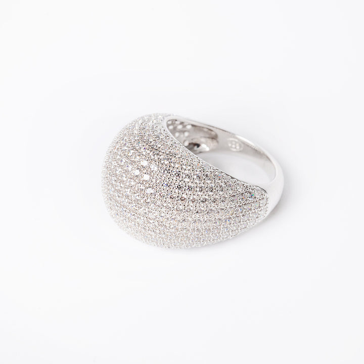 A sterling silver Rue ring with a geometric design, featuring multiple bands with cubic zirconia embellishments.