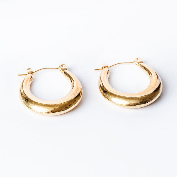 A pair of gold-colored stainless steel hoop earrings on a white background.