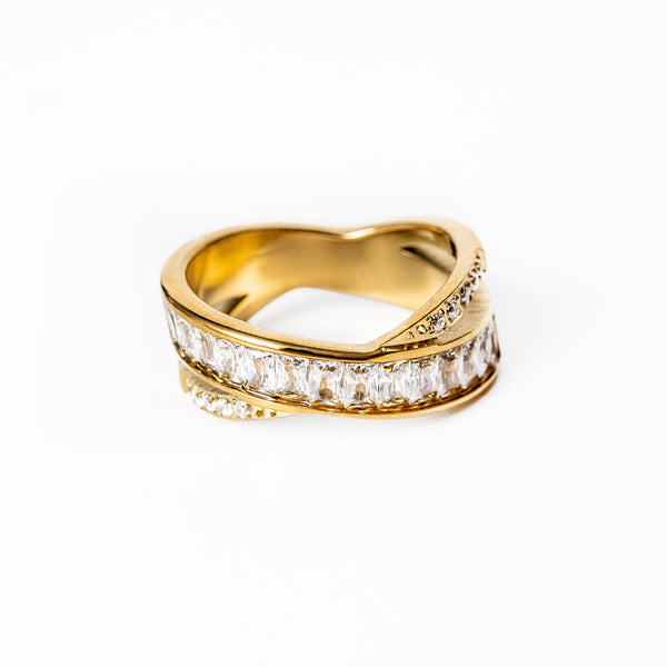 A gold-plated stainless steel ring with a solid pattern, adorned with a row of cubic zirconia gems set around its circumference.