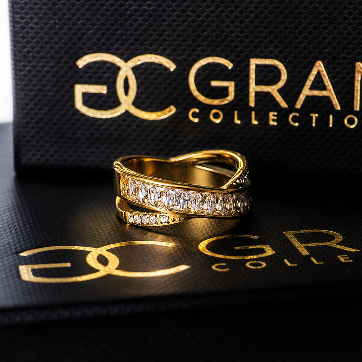 AShelly Gold ring placed on its box, standing in the center of the image 