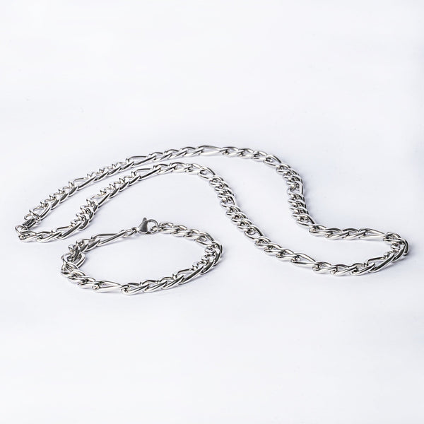 A silver stainless steel bracelet displayed on a white background.