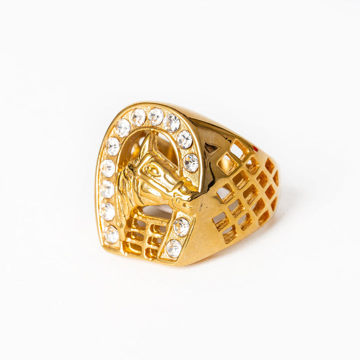 A close up view of Ta' Ziemel Ring standing in the center of the image against a white background. 