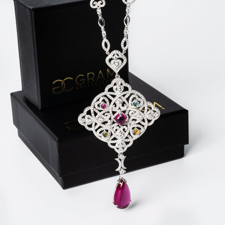 Tamara necklace and its uniquely designed black box, close up view 