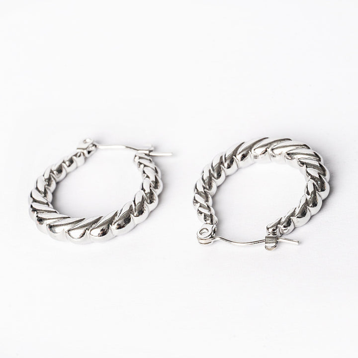 A close up view of Tania Silver Earrings standing in the center of the image 