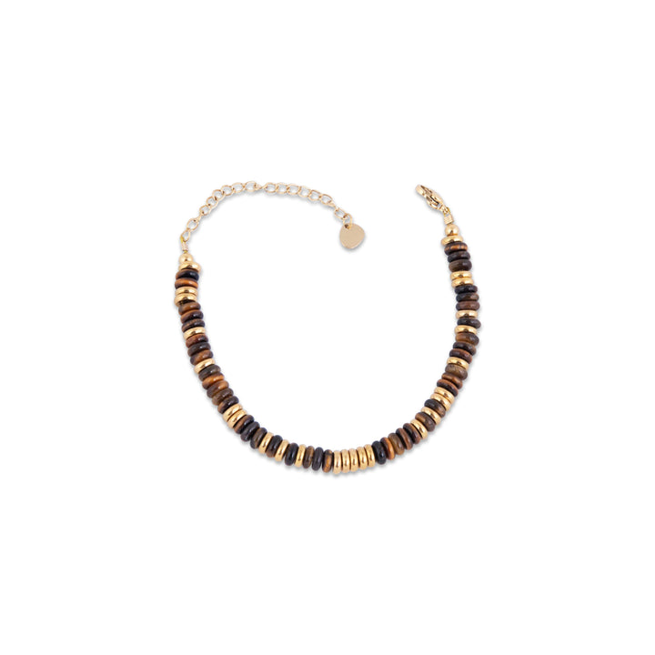 Dwejra Bracelet with black, gold, and brown beads on a white background