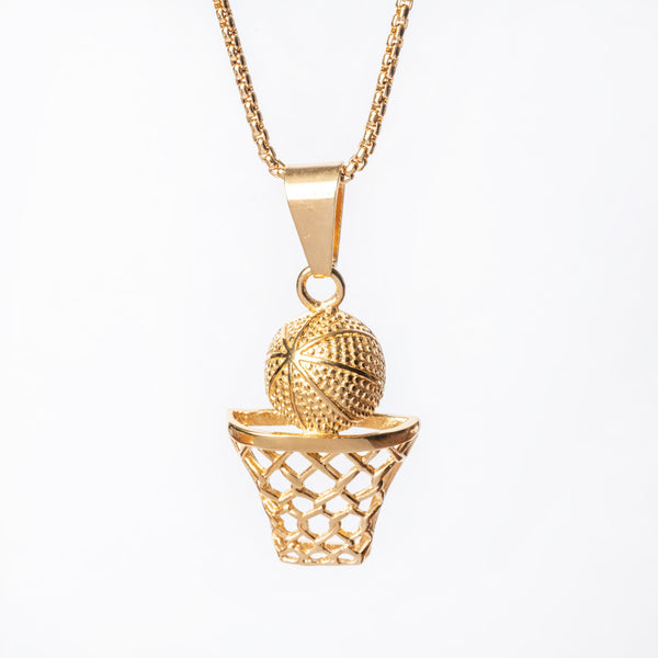 A gold-plated stainless steel necklace with a pendant featuring a basketball hoop design.