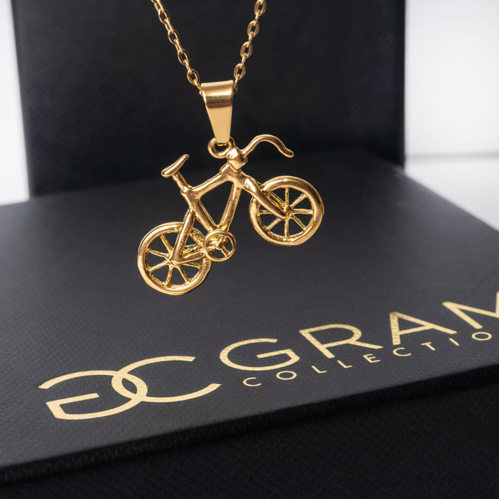 The biker necklace standing in the center of the image surrounded by its uniquely designed black boxes.