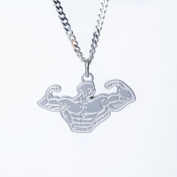 A silver-colored stainless steel necklace with a pendant featuring a muscular male figure, designed for sports and fitness enthusiasts.