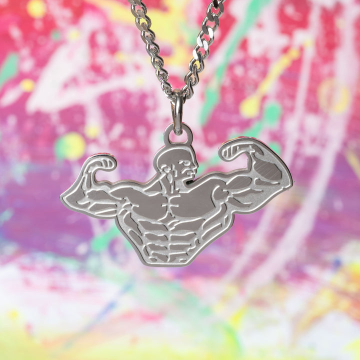 The Bodybuilder Necklace showcasing a man showing his muscle, symbolising strength, standing in the center of the image against a colorful blur background consist of red, pink, yellow, and green colours. 