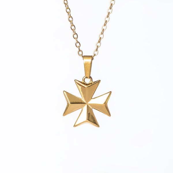 A gold-plated stainless steel necklace with an eight-pointed cross pendant on a chain.