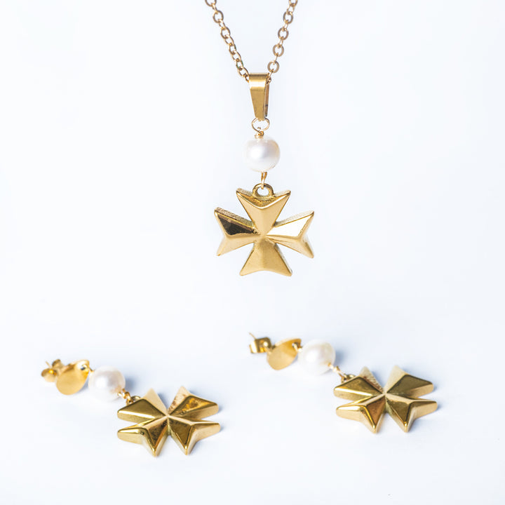 The Eight Pointed Pearl Cross Necklace Placed in the center of the image against a white background. 