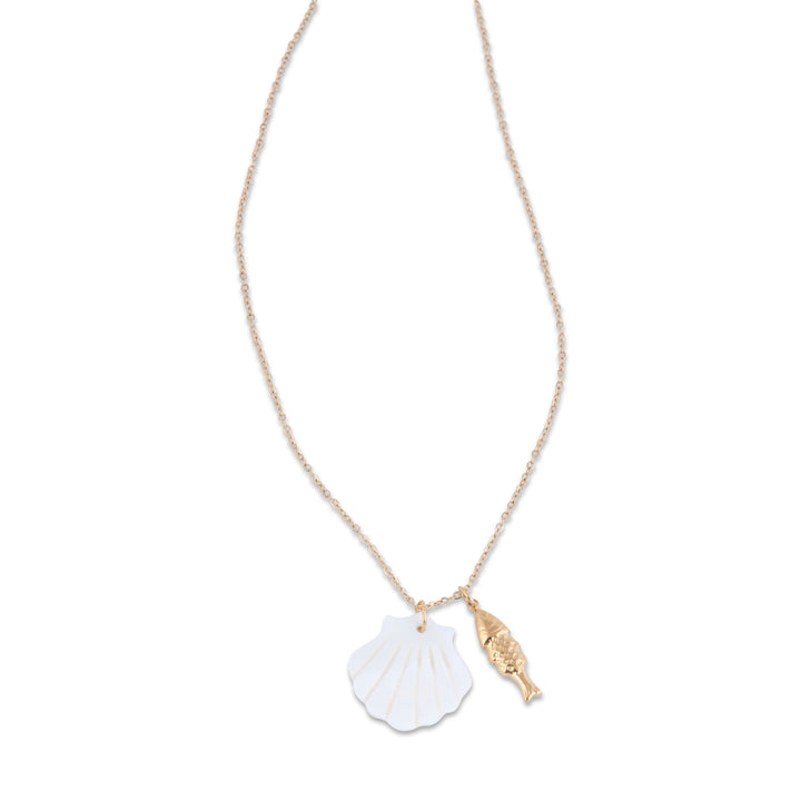 Gram Collection Anchor Bay Necklace with a shell pendant and gold leaf charm surrounded by a white background. 