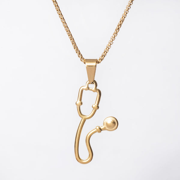 A close up view of The Health Necklace standing in the center of the image against a white background. 