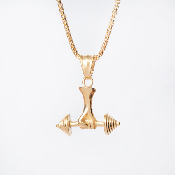 A gold-plated stainless steel necklace with a pendant in the shape of a barbell.