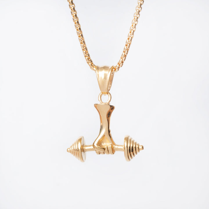 A gold-plated stainless steel necklace with a pendant in the shape of a barbell.