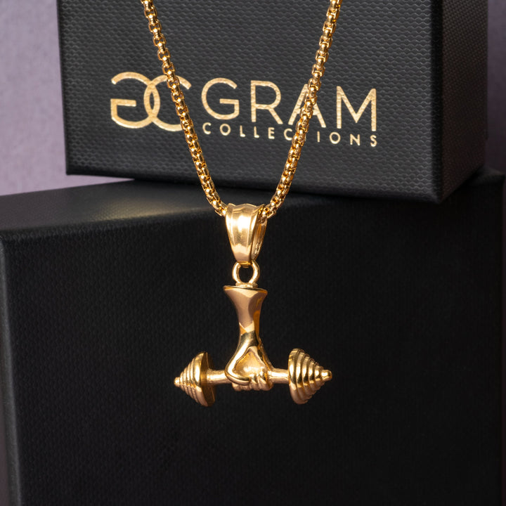 the power necklace standing in front of its uniquely designed black box. 