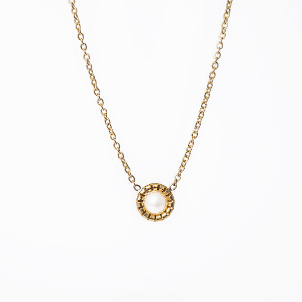 A gold-plated stainless steel necklace with a single white cultured pearl pendant