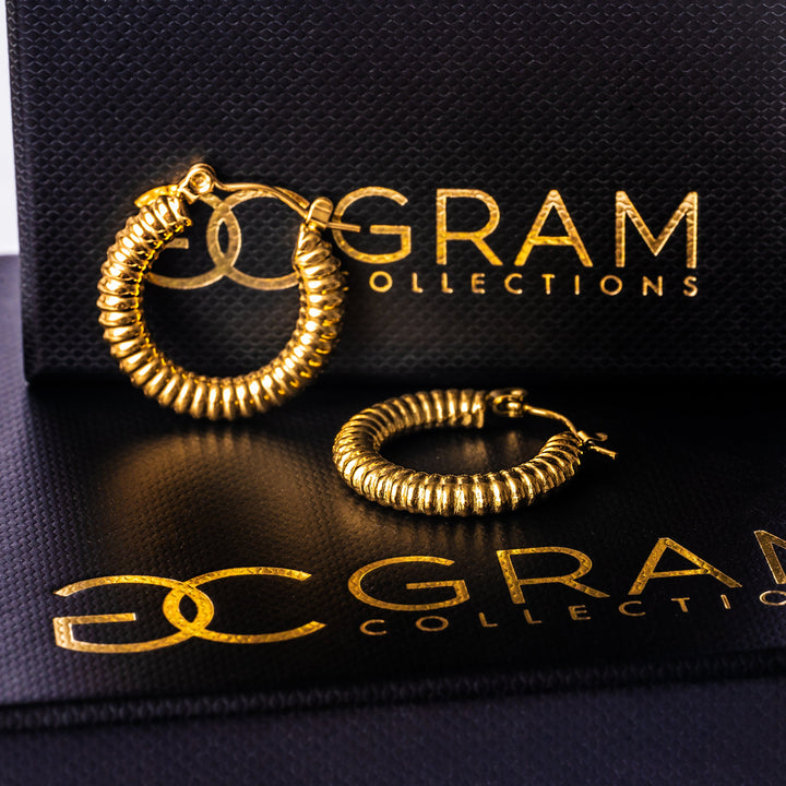 A close up view of Vivi Gold Earrings placed on its uniquely designed black box. 