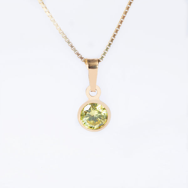 A yellow gold-plated sterlingAugust Birth Stone pendant with a central cubic zirconia gem, surrounded by smaller clear beads, attached to a gold-plated chain.