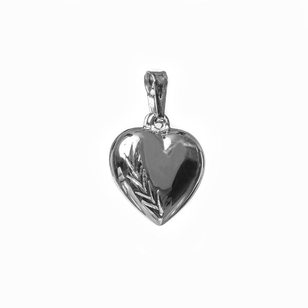 A silver heart-shaped pendant on a sterling silver chain against a white background