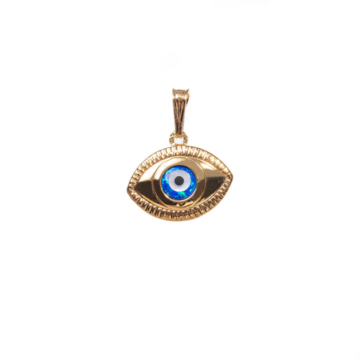 A close up view of Evil Eye Pendant surrounde by a white background. 