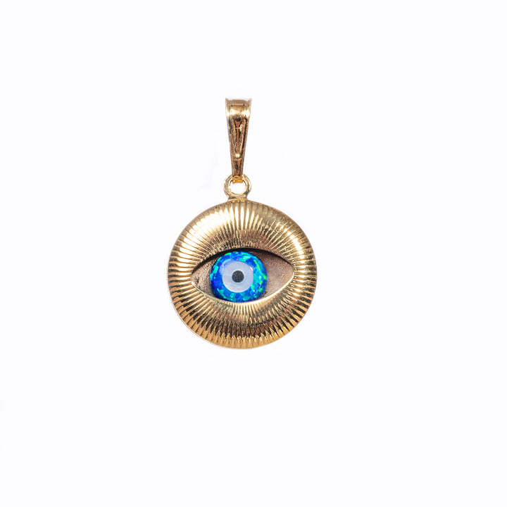 A close up view ofEvil Eye Round Pendant