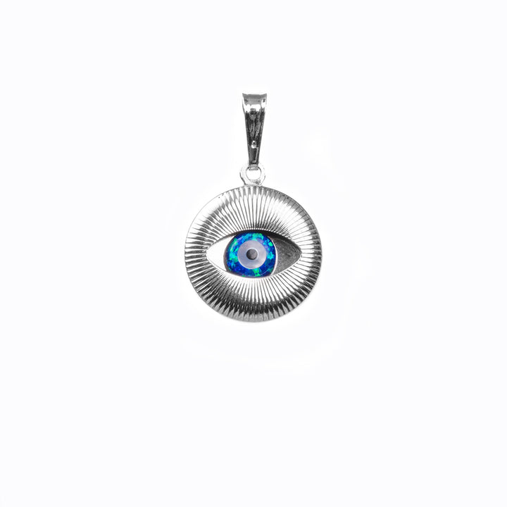 A close up view of Evil Eye Silver pendant standing in the center of the white background. 