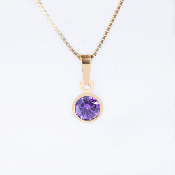 A gold-plated sterlingFebruary Birth Stone pendant featuring a purple amethyst gemstone, attached to a yellow gold chain.