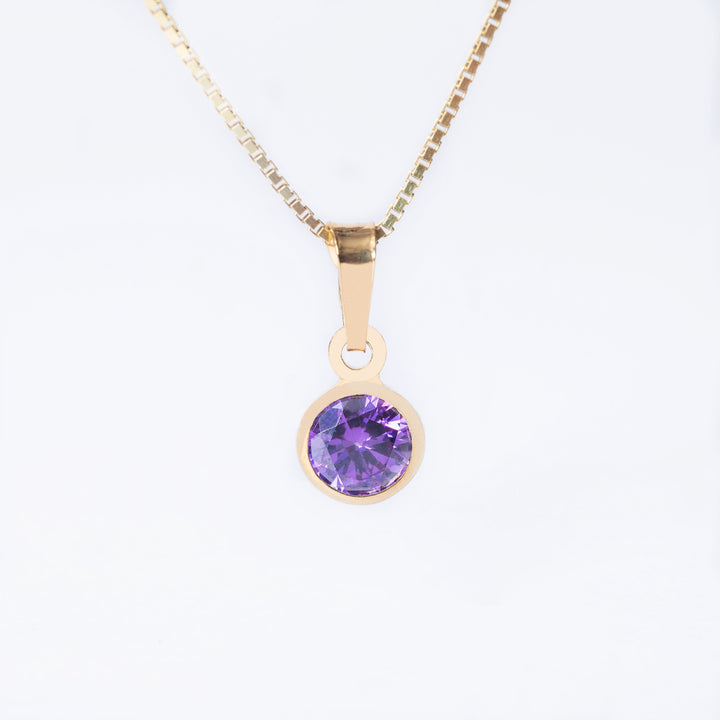A gold-plated sterlingFebruary Birth Stone pendant featuring a purple amethyst gemstone, attached to a yellow gold chain.