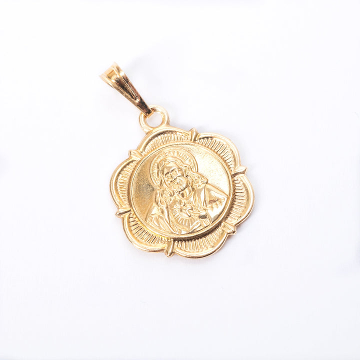 A close up view of Holy Medal Pendant standing in the center of the image against a white background. 