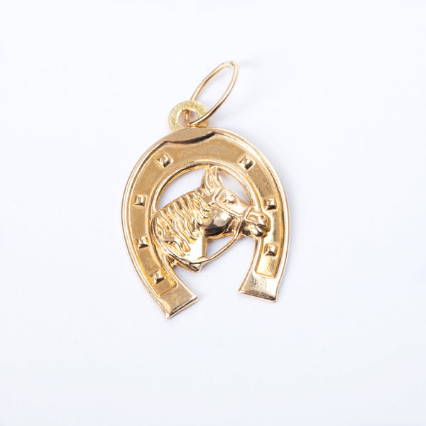 A close up view of horse shoe pendant standing in the center of the image against a white background