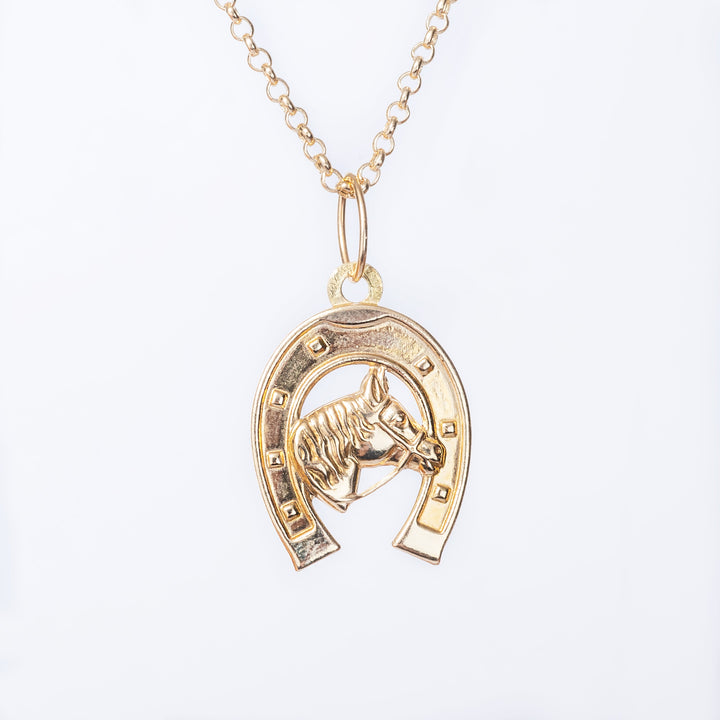 Horse shoe pendant standing in the center of the image against a white background attached to its chain. 