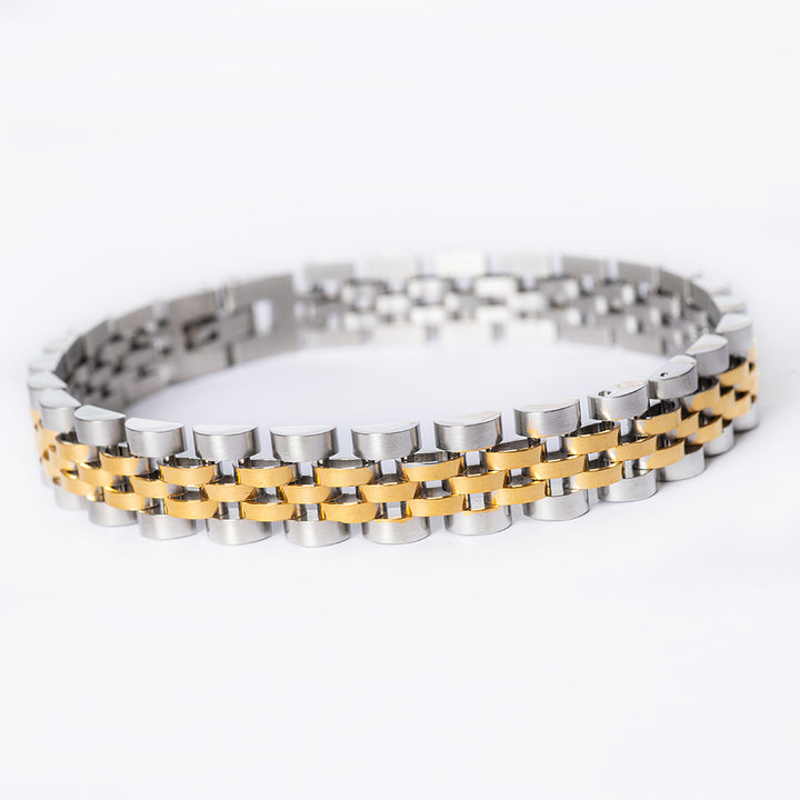 A close up view of Jubilee 2 Tone Rolex Br standing in the center of the image against a white background. 