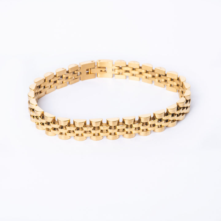 A close up view of Jubilee Rolex Bracelet standing in the center of the image against a white background, 