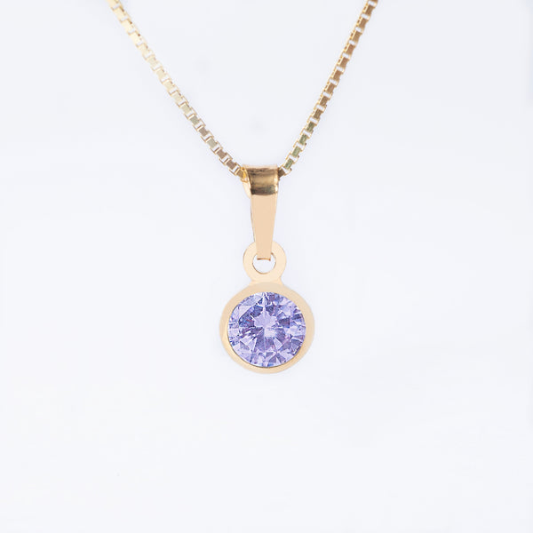 A yellow gold-plated June Birth Stone pendant  featuring a round amethyst Lialac gemstone.