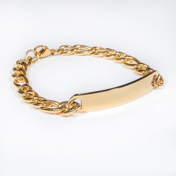 A gold-plated yellow male id gold bracelet with a chain-link design and a lobster clasp closure.