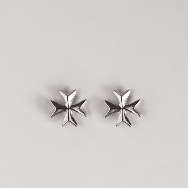 A pair of silver embossed stud  Malta cross earrings in the shape of a Maltese cross.