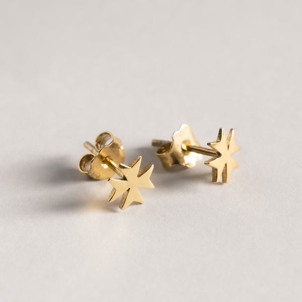 A pair of gold-colored stud Malta cross earrings designed in the shape of a Maltese cross, displayed against a white background.
