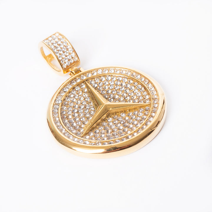 A close up view of mercees necklace pendant, standing in the center of the image against a white background. 