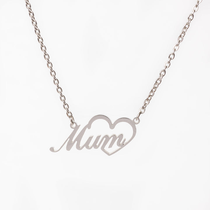 Mum Heart Necklace standing in the center of the image against a white background. 
