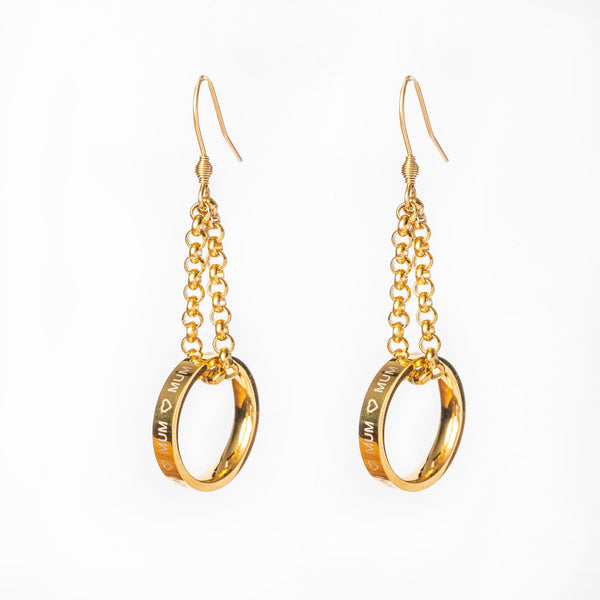 A pair of 18ct gold plated stainless steel earrings with a ring pendant connected by a chain.