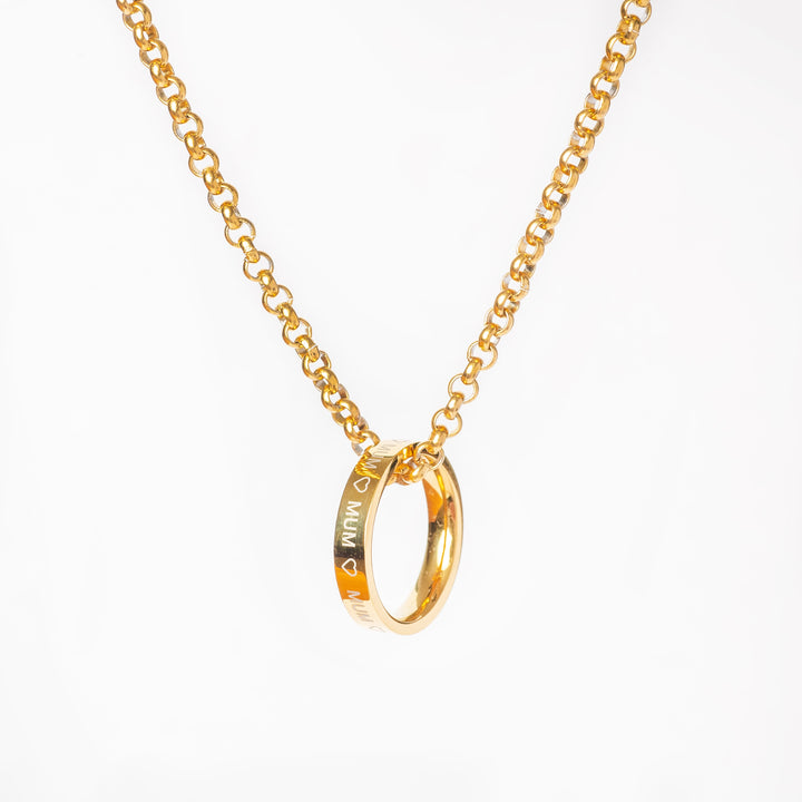 A close up view of mum ring standing in the center of the image against a white background. 