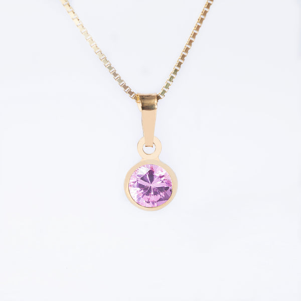 October Birth Stone pendant with a yellow gold plating featuring a pink gemstone, attached to a gold-tone chain.